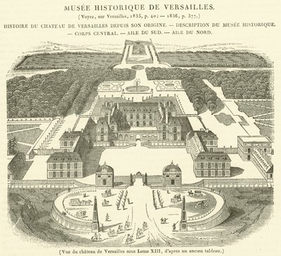 Veduta del castello di Versailles sotto Luigi XIII (incisione) da French School