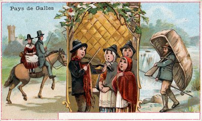 Galles, una cartolina promozionale per la bevanda Cicoria alla Bergère con raffigurazioni della vita gallese, c.1890 da French School