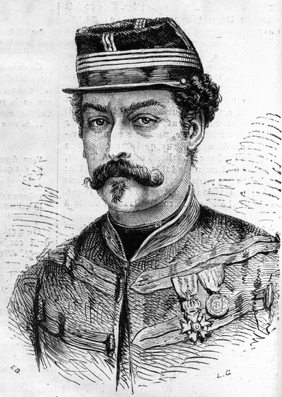 Guerra del 1870: ritratto di Leon Franchetti (1834-1870), soldato francese, comandante degli Scouts della Senna. Incisione in "Le Monde Illustré" n. 714 del 17 dicembre 1870 da French School