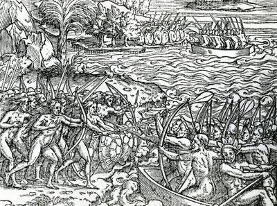 Scena di guerra, Brasile, illustrazione da "Singolarità della Francia Antartica", di André de Thevet, 1558 da French School