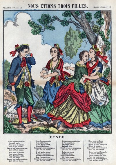 Eravamo tre ragazze. Tre ragazze giocano con un pastore mettendolo a disagio. (Chants et chansons populaire de la France) Immagine d