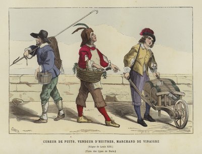 Pulitore di pozzi, venditore di ostriche e venditore di aceto, regno di Luigi XIII di Francia, XVII secolo da French School