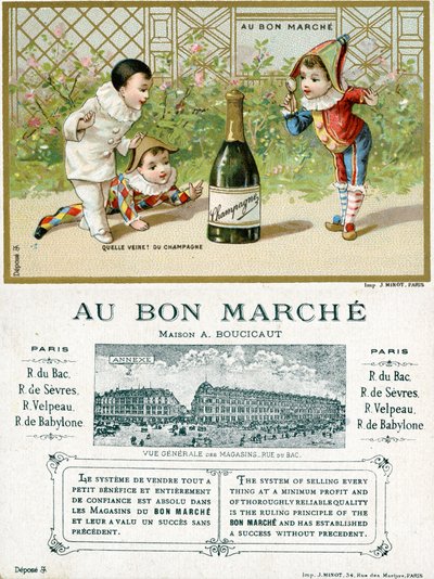 Che fortuna! Una bottiglia di champagne; fronte e retro di una carta promozionale per i grandi magazzini Bon Marché a Parigi, c.1895 da French School