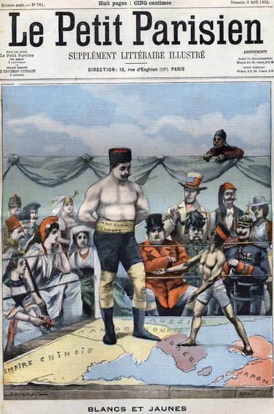 Bianco e Giallo (caricatura sulla guerra russo-giapponese: paesi come Francia, USA, Cina... che guardano Giappone e Russia boxare). Copertina Le petit Parisien del 3 aprile da French School