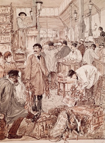 Asta di selvaggina a Les Halles, illustrazione, Parigi, Francia da French School