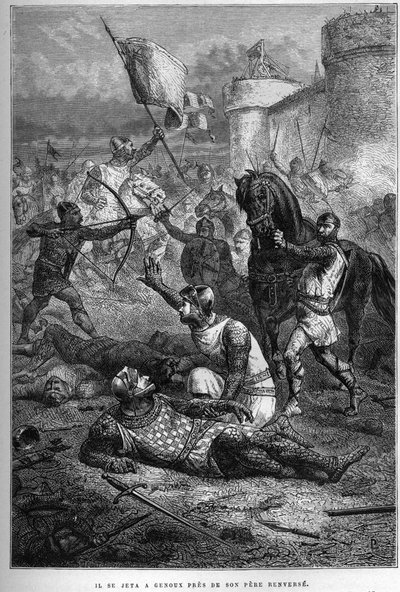 Guglielmo I ferito da suo figlio Roberto mentre combatte in Francia, 1076 - Insurrezione di Roberto Courteheuse da French School