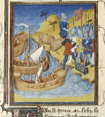 Guglielmo I sbarca con il suo esercito e attrezzature in Inghilterra (miniatura) da French School