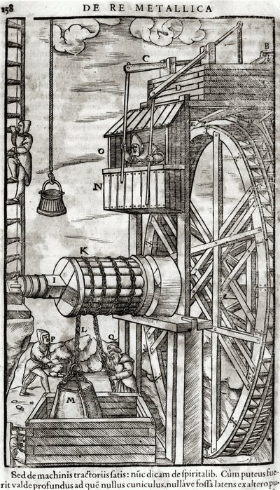 Argano per estrarre acqua da una miniera, illustrazione dal De Re Metallica di Georg Bauer, noto come Agricola, 1561 da French School