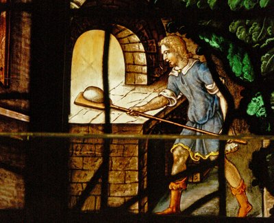 Finestra nel Charnier raffigurante i fornai al lavoro e una scena di Abramo visitato da tre angeli da French School