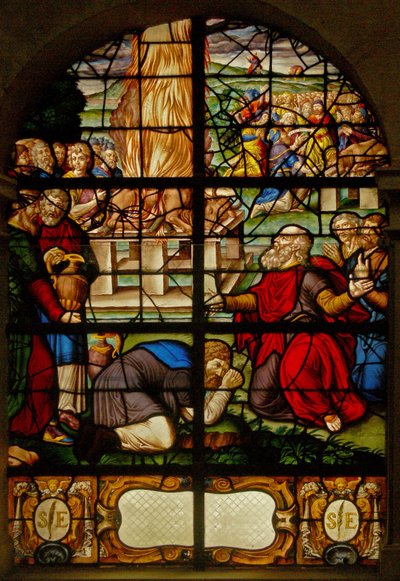 Finestra nel Charnier raffigurante il sacrificio di Elia; i sacerdoti di Baal da French School