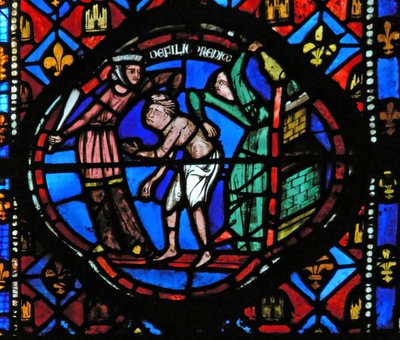 Finestra Ew-L che raffigura una scena della storia del Figliol Prodigo: viene cacciato dalle cortigiane da French School