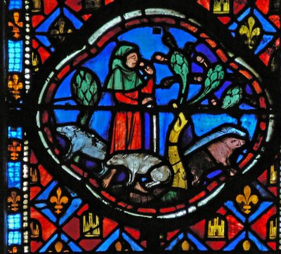 Finestra Ew-L che raffigura una scena della storia del Figliol Prodigo: si prende cura dei maiali e pensa da French School