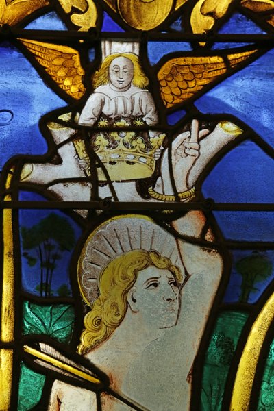 Vetrata raffigurante un Angelo che pone una Corona sulla Testa di San Sebastiano al suo Martirio da French School