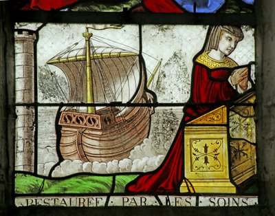 Vetrata raffigurante una Donatrice e una Barca da French School