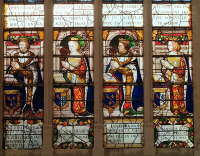 Vetrata raffigurante Jacques de Bourbon (1315-61) Conte de la Marche, Jeanne de Chatillon-Saint-Pol (m.1371) Jean I de Bourbon (1361-94) e Catherine, Contessa di Vendome da French School