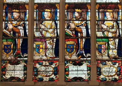 Vetrata raffigurante Louis de Bourbon (1376-1446) Conte di Vendome, Jeanne de Laval (m.1468) Jean II de Bourbon (1446-77) Conte di Vendome e Isabelle de Beauvau (m.1474) da French School