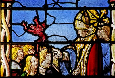 Vetrata raffigurante San Clero: esorcizza un demone da Hasterie da French School