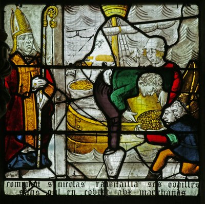 Finestra raffigurante San Nicola e il miracolo del grano da French School