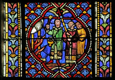 Vetrata raffigurante una scena della vita di San Artheme: Un incendio nella città di Clermont richiede lo spostamento delle reliquie del Santo. Una processione porta il reliquiario e arriva al fuoco da French School