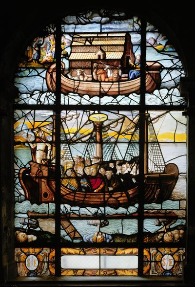 Finestra che raffigura una nave con santi e l