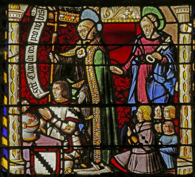 Vetrata raffigurante i Donatori Claude de Crépy e figli con San Claudio e San Pietro da French School