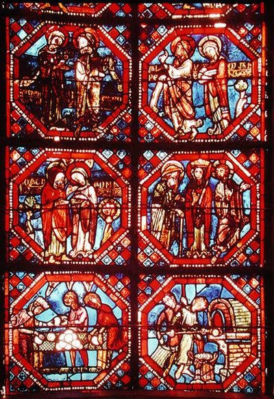Vetrata raffigurante i genitori di Cristo e fornai che cuociono e vendono pane, dall