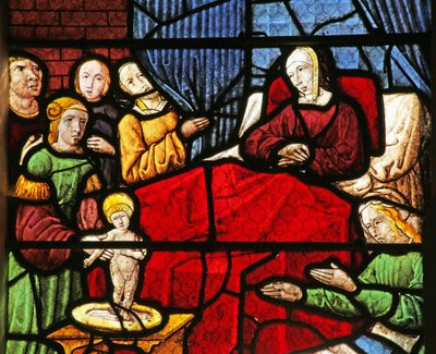 Vetrata raffigurante la nascita di San Nicola da French School