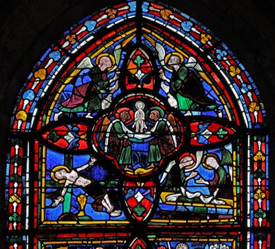 Quinta sezione della finestra w7: la morte di San Pietro: la sua anima ascende al cielo da French School