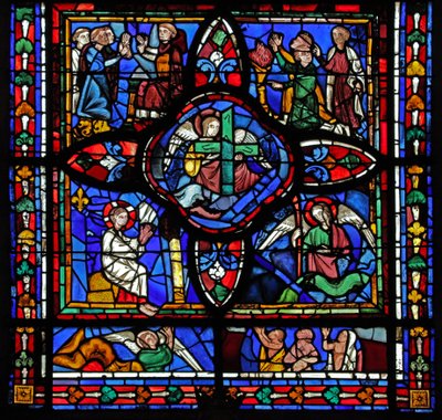 Prima sezione della finestra w7; al centro ci sono le Reliquie della Passione (la Croce e la Lancia); altrove ci sono monaci in disputa e pannelli interpolati del Giudizio Universale da French School