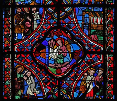 Seconda sezione della finestra di San Giacomo: al centro ci sono i chiodi della Passione; Fileto si converte; Ermogene con San Giacomo; una chiesa; San Giacomo con 2 uomini da French School