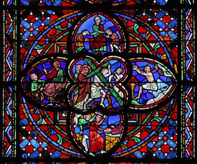Finestra raffigurante la seconda sezione di w0: la Via Crucis: con Giona e la balena; il sacrificio di Abramo; Eliseo guarisce; Giacobbe benedice i suoi figli da French School