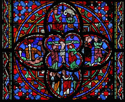 Finestra raffigurante la terza sezione della finestra w0 con la Crocifissione: anche Mosè colpisce la roccia a Horeb; il serpente di bronzo; un leone che rianima i suoi piccoli; Davide e il pellicano da French School