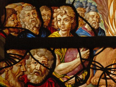 Finestra nel Charnier raffigurante un dettaglio del sacrificio di Elia; i sacerdoti di Baal da French School