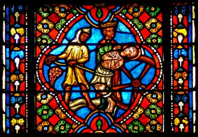 Finestra n3 che raffigura scene della vita di San Giorgio: torturato sulla ruota da French School