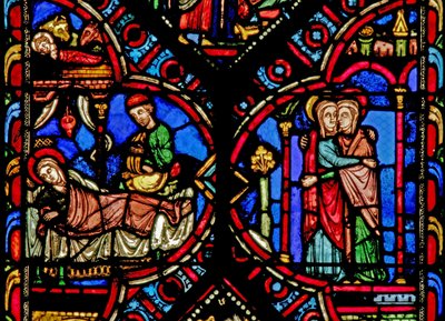 Finestra w0 raffigurante la Natività e la Visitazione da French School