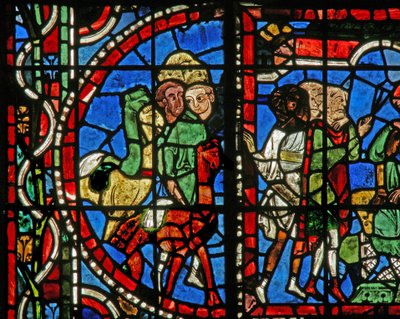 Finestra w11-L che raffigura una scena della storia di Giuseppe: i suoi fratelli chiedono a Beniamino di tornare con loro da French School