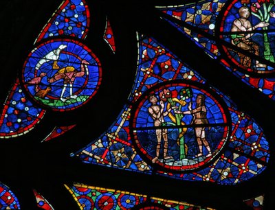 Finestra w115 raffigurante la Creazione: uccelli, Adamo ed Eva e il serpente da French School