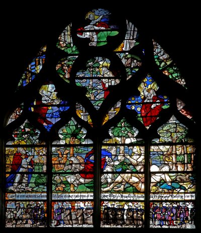 Finestra w120 raffigurante la Creazione e membri della Confrérie de Charité da French School