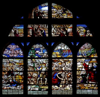Finestra w128 raffigurante scene dalla storia di Mosè; attraversamento del Mar Rosso; raccolta della manna da French School