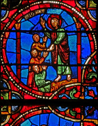 Scena dalla leggenda di San Giovanni: il santo e la coppa avvelenata: San Giovanni sopravvive e rianima i 3 uomini avvelenati da French School
