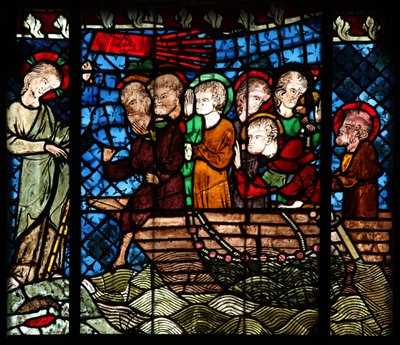 Finestra w14 raffigurante una scena di Resurrezione: la pesca miracolosa da French School