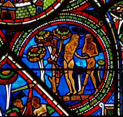 La finestra del Buon Samaritano: Adamo ed Eva mangiano il frutto proibito da French School