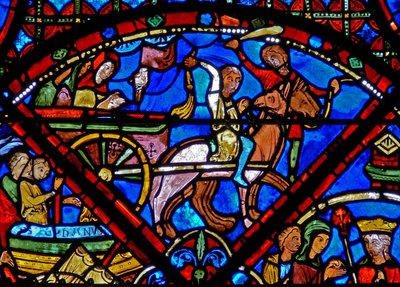 Finestra w15 raffigurante la storia delle reliquie di San Stefano: trasporto delle reliquie a cavallo e carro da French School