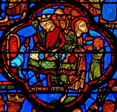 Finestra w16 raffigurante una scena della vita di San Tommaso: il santo a un banchetto di nozze per la figlia del re dell