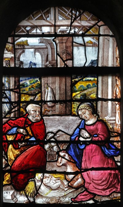 Finestra w16 raffigurante la Natività da French School