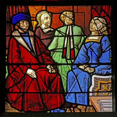 Finestra w17 raffigurante la Vita di San Remigio. 2 uomini e 2 donne seduti da French School