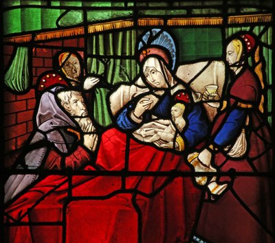 Finestra w17 raffigurante la Vita di San Remigio. il santo-eremita Montano viene miracolosamente guarito dal latte applicato dal santo ai suoi occhi da French School