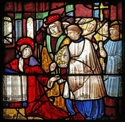 Finestra w19 raffigurante la Vita di San Remigio. gli viene offerto il vescovado di Reims da French School
