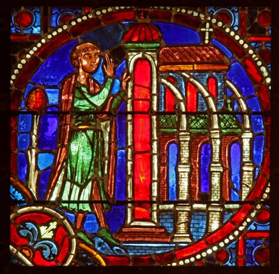 Finestra w1 che raffigura una scena della storia di Teofilo: entra in una chiesa per pentirsi da French School