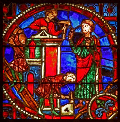 Finestra w1 che raffigura una scena della storia di Teofilo: la ricostruzione della dignità di Teofilo da French School
